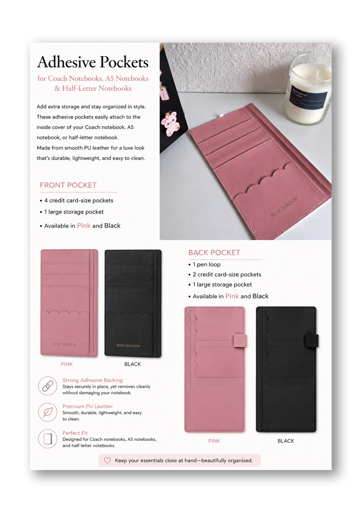 Leather Notebook Adhesive Pocket set (options available)