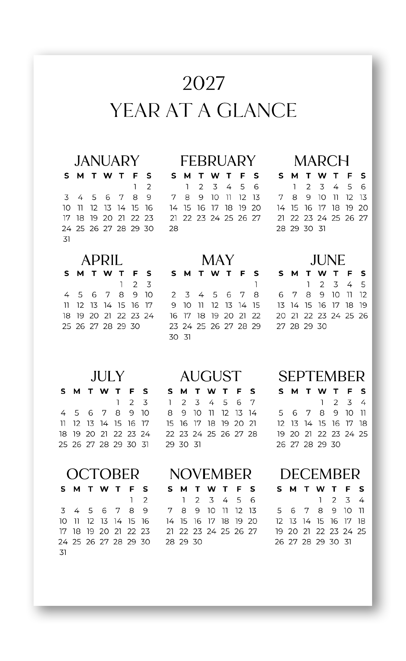 Yearly Overview Calendar Vellum (Gold Foil Only) 2027