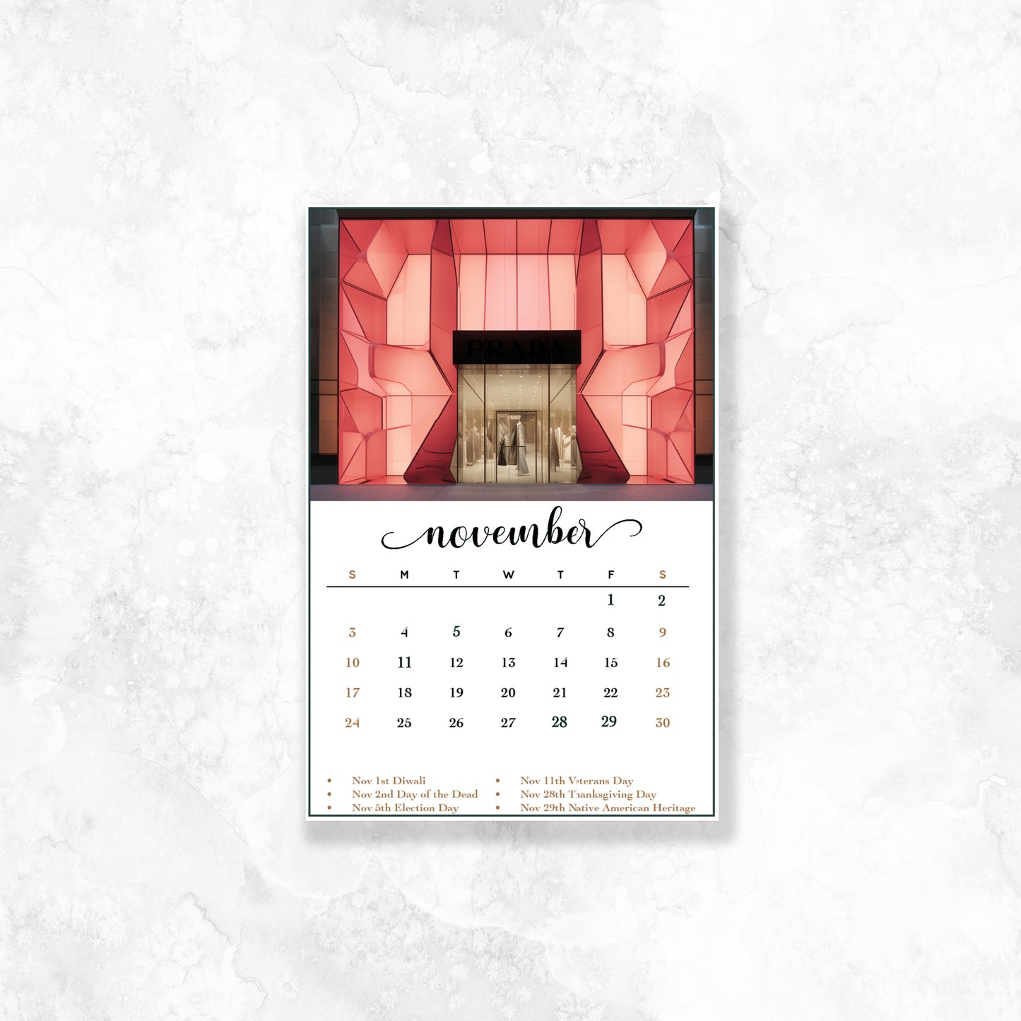 November Calendar Dashboard (Gold Foil